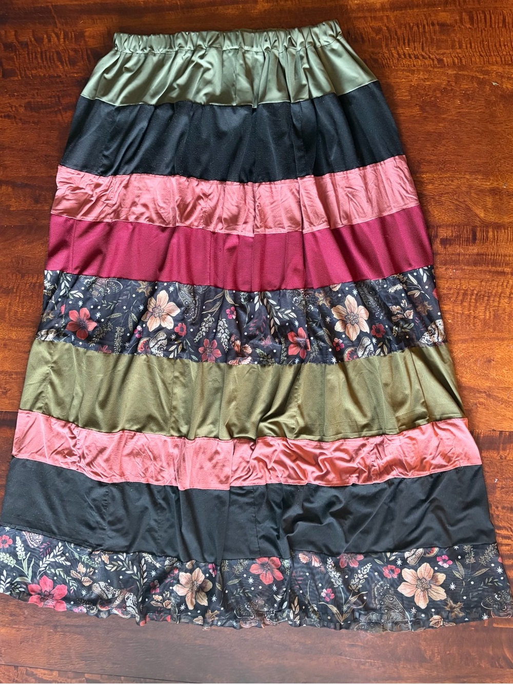 Tiered Floral & Stripe Maxi Skirt in Olive, Black, Burgundy and Pink Women’s Med